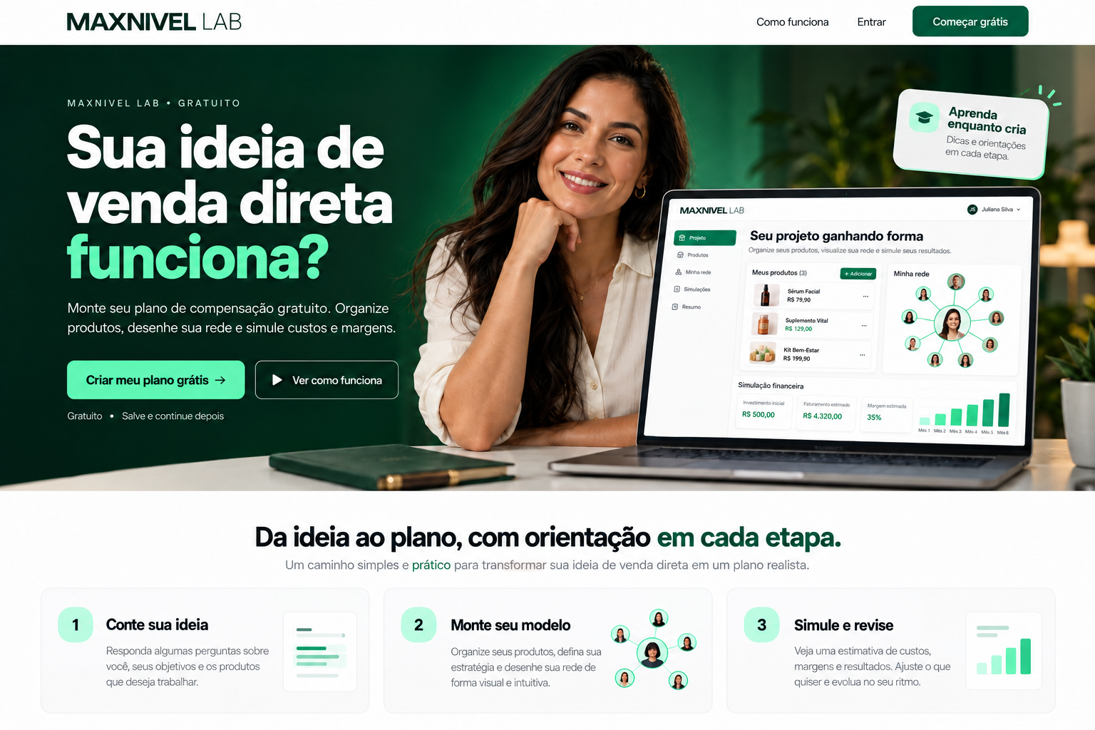 MaxNivel LAB gratuito. Sua ideia de venda direta funciona? Monte seu plano de compensação gratuito: organize produtos, desenhe sua rede e simule custos e margens. Mulher ao lado de computador com demonstração ilustrativa do LAB. Conte sua ideia, monte seu modelo, simule e revise.